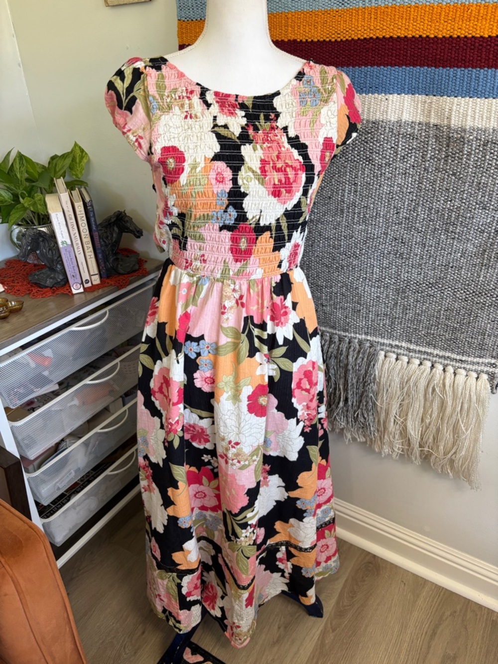 Jessica Simpson Black Floral Midi Boho Dress with Floral Print Medium